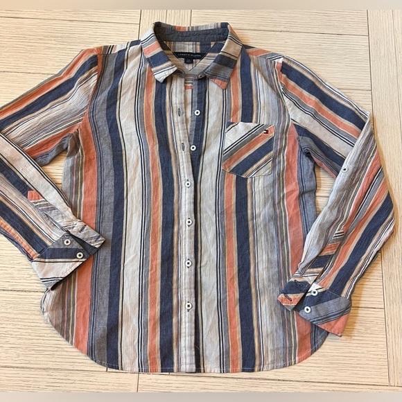 Tommy Hilfiger ladies striped button down top. Blue, orange & cream colors. S‎ - Picture 3 of 10